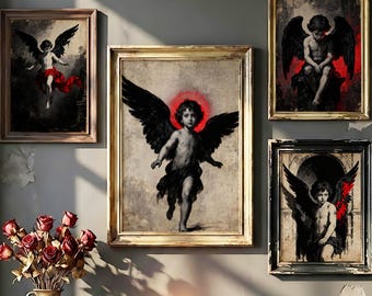 Conjunto de 4 Quadros de Anjo Caído Gótico | Gravuras de Querubins Sombrios com Asas Pretas | Decoração Renascentista Sombria | Dia dos Namorados Vampiro | Cupido com Auréola Vermelha