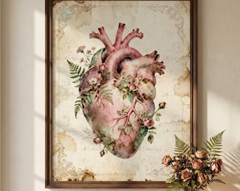 Arte de parede com coração anatômico floral | Decoração Cottagegoth para o Dia dos Namorados | Pôster de biologia Dark Academia | Arte de flores silvestres | Estilo gótico vitoriano