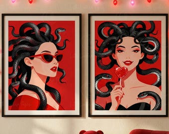 Conjunto de 2 Quadros de Parede Medusa Descolada | Impressões Pop Art da Mitologia Grega | Óculos de Sol Vermelhos e Pirulito em Formato de Coração | Decoração Anti-Dia dos Namorados | Presente para Amigas