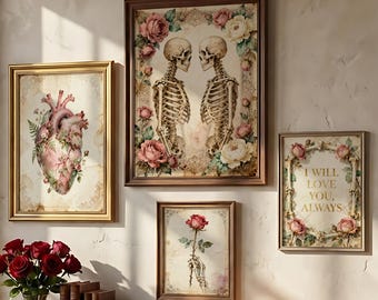 Conjunto de 4 quadros decorativos vitorianos góticos para o Dia dos Namorados | Gravuras vintage de esqueletos apaixonados | Coração anatômico floral | Até que a morte nos separe
