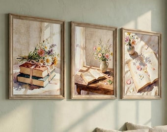 Watercolor Book Wall Art Set of 3 | Cozy Reading Nook Prints | Floral Library Decor | BookTok Aesthetic | Cottagecore Reader Gift