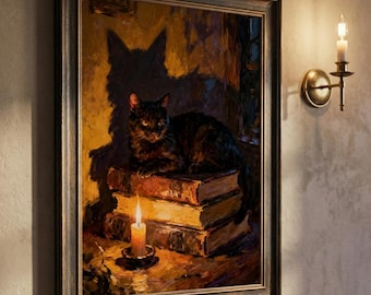 Arte de parede Gato Preto sobre Livros | Decoração de Cantinho de Leitura Bruxo | Impressão Dark Academia | Pôster de Familiar Mágico | Pintura a Óleo de Biblioteca Melancólica