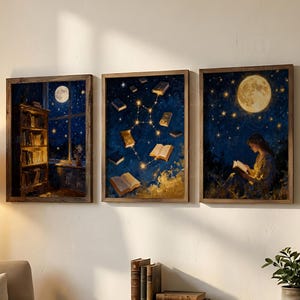 May include: Three framed art prints with a night-time theme. One shows a bookshelf by a window with a full moon. Another features books floating in a starry sky. The third depicts a person reading under a full moon, with a dark blue and gold colour scheme.