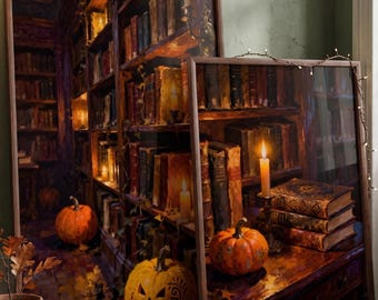 Conjunto de Arte de Parede de Halloween | Decoração Dark Academia para Quarto | Impressão Vintage de Biblioteca | Pintura de Abóbora de Outono | Pôster Aconchegante de BookTok | Pacote Digital