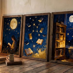 May include: Three framed art prints with a night sky theme. One shows a person reading under a full moon, another has a constellation, and the third features a bookshelf. The frames are wooden, and the overall theme is literary and artistic.