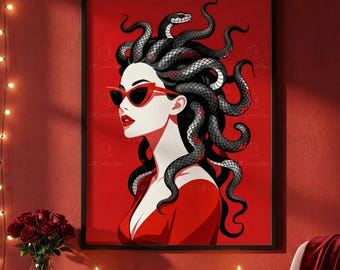 Arte de parede Medusa estilosa com óculos de sol | Impressão estética vermelha da mitologia grega | Arte pop para garotas descoladas | Decoração anti-Dia dos Namorados | Presente para amigas
