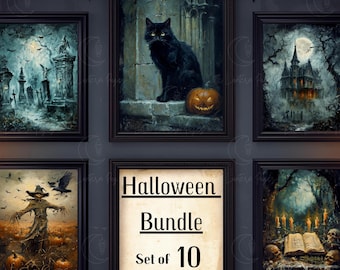 May include: A collection of five framed Halloween-themed art prints displayed on a wall, featuring a graveyard, a black cat with a pumpkin, a haunted mansion, a scarecrow in a field, and an open book with skulls, plus a sign reading Halloween Bundle Set of 10.