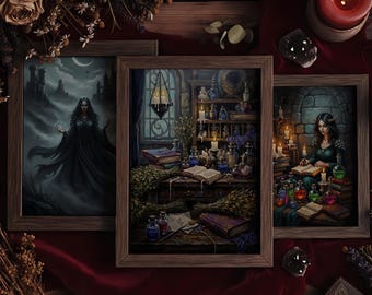 May include: Three framed fantasy art prints featuring a dark-haired woman in a black gown, a witch's workshop, and a woman reading in a candlelit room. The prints are arranged on a wooden surface with candles, dried flowers, and a cup of coffee.
