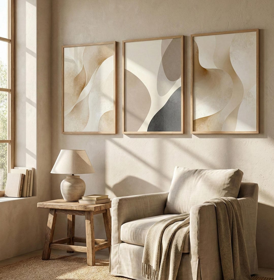 Neutral Abstract Wall Art Set of 3 | Beige Minimalist Decor | Organic ...