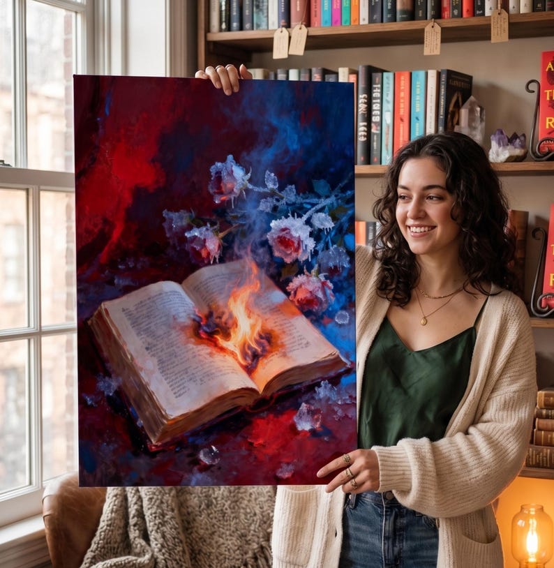 May include: An open book with flames at its center, surrounded by roses and ice crystals. The artwork features a dramatic color palette of red, blue, and white, creating a striking visual contrast. The image evokes themes of fantasy and literature.