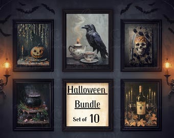 May include: A collection of five framed wall art prints featuring Halloween themes including a jack-o'-lantern, a raven with a tea set, a skull with a knife, a bubbling cauldron, and a wine bottle with candles, plus a sign reading Halloween Bundle Set of 10.