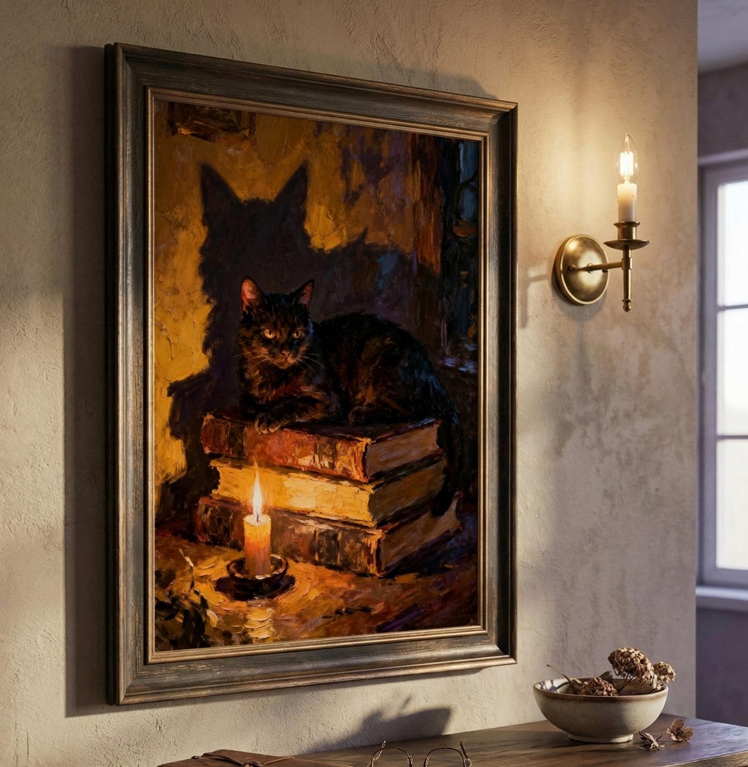 Black Cat on Books Wall Art | Witchy Reading Nook Decor | Dark Academia ...