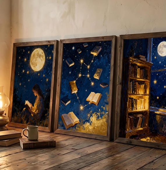 Celestial Reader Wall Art Set of 3 | Magical Library Decor | Booktok Aesthetic Prints | Fantasy Book Lover Gift | Moon and Stars