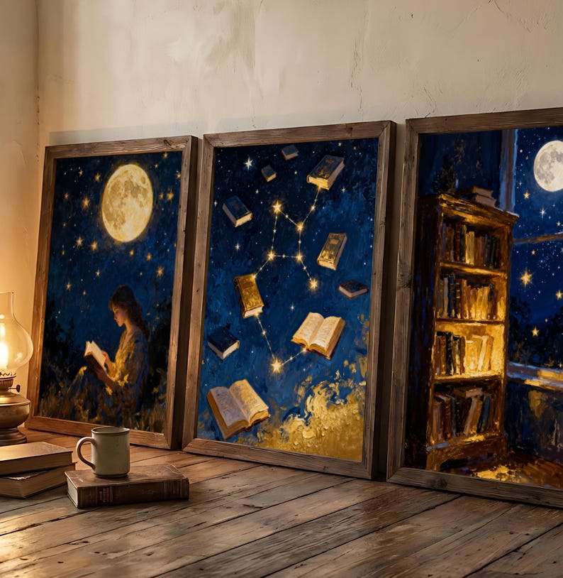 May include: Three framed art prints with a night sky theme. One shows a person reading under a full moon, another has a constellation, and the third features a bookshelf. The frames are wooden, and the overall theme is literary and artistic.