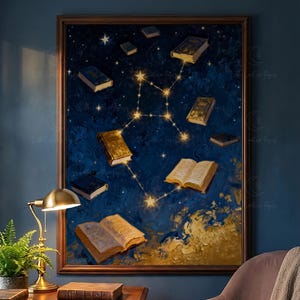 May include: A framed art print depicting a celestial scene with books and a constellation. The artwork uses a dark blue and gold colour scheme, with open and closed books scattered across a starry background.