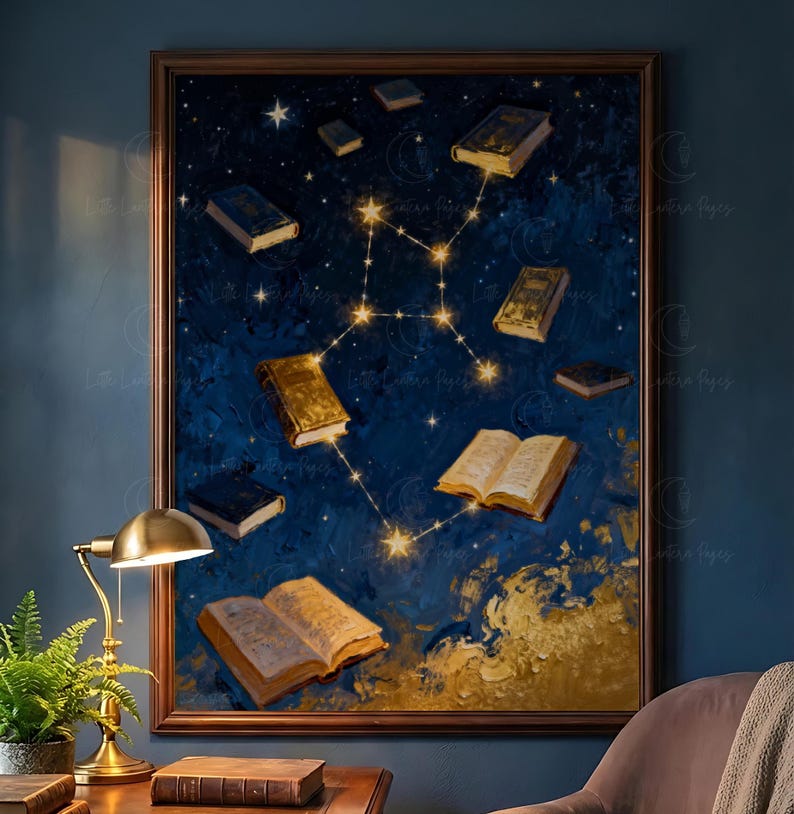 May include: A framed art print depicting a celestial scene with books and a constellation. The artwork uses a dark blue and gold colour scheme, with open and closed books scattered across a starry background.