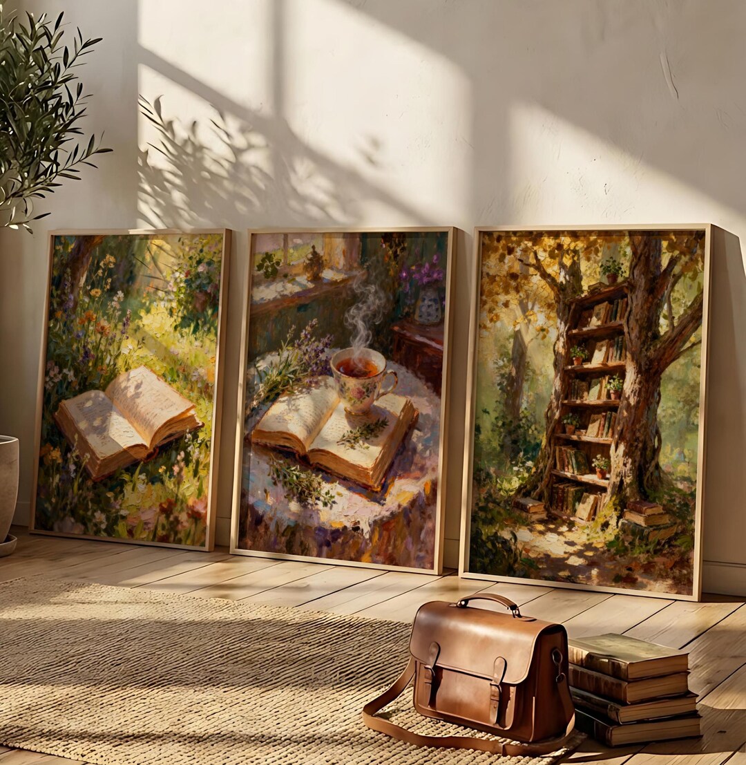Whimsical Cottagecore Art Set of 3 | Forest Library Print | Tree ...