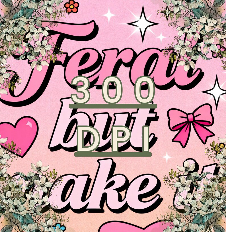 Puede incluir: Un dise&ntilde;o digital rosa y blanco con las palabras "Fera" y "make it" en una fuente retro. El dise&ntilde;o incluye los n&uacute;meros "300 DPI" en fuente verde, corazones, lazos, flores y estrellas.