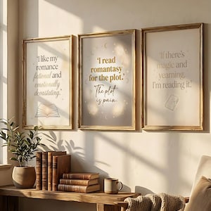 May include: Three framed art prints with gold frames and quotes about reading. The prints feature text like "I like my romance fictional and emotionally devastating" and "I read romantasy for the plot." A wooden shelf below holds books and a mug.