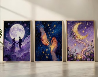 Celestial Romantic Fantasy Wall Art Set | BookTok Romantasy Prints | Dreamy Celestial Oil Painting | Book Lover Gift | Reading Nook Decor