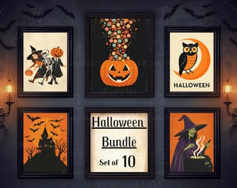 May include: A collection of framed Halloween-themed art prints. The prints feature a variety of spooky illustrations, including a witch, an owl, a haunted house, and trick-or-treaters. The central print reads "Halloween Bundle Set of 10."