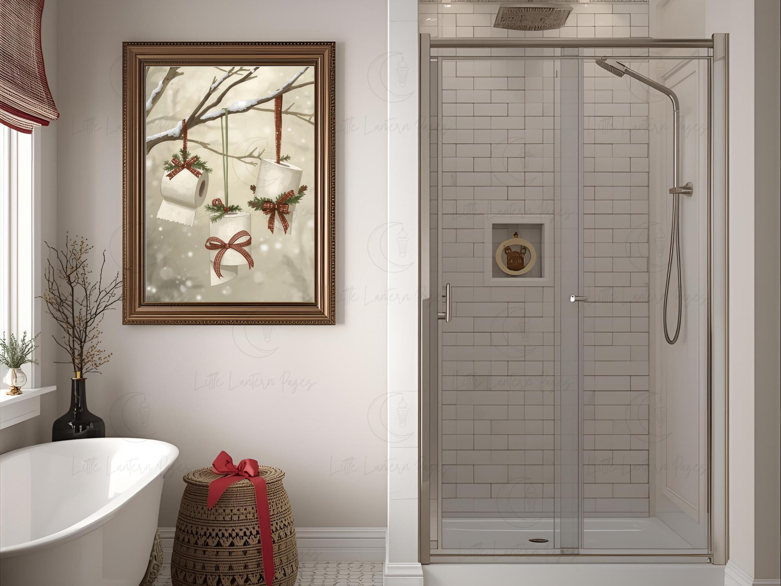 Rustic Christmas Bathroom Wall Art, Toilet Paper Ornaments, Printable