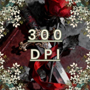 Puede incluir: Ilustraci&oacute;n digital art&iacute;stica con una espada, una rosa roja y flores blancas. La imagen tiene el texto "300 DPI" en una fuente verde claro. La paleta de colores incluye tonos de rojo, negro y gris.