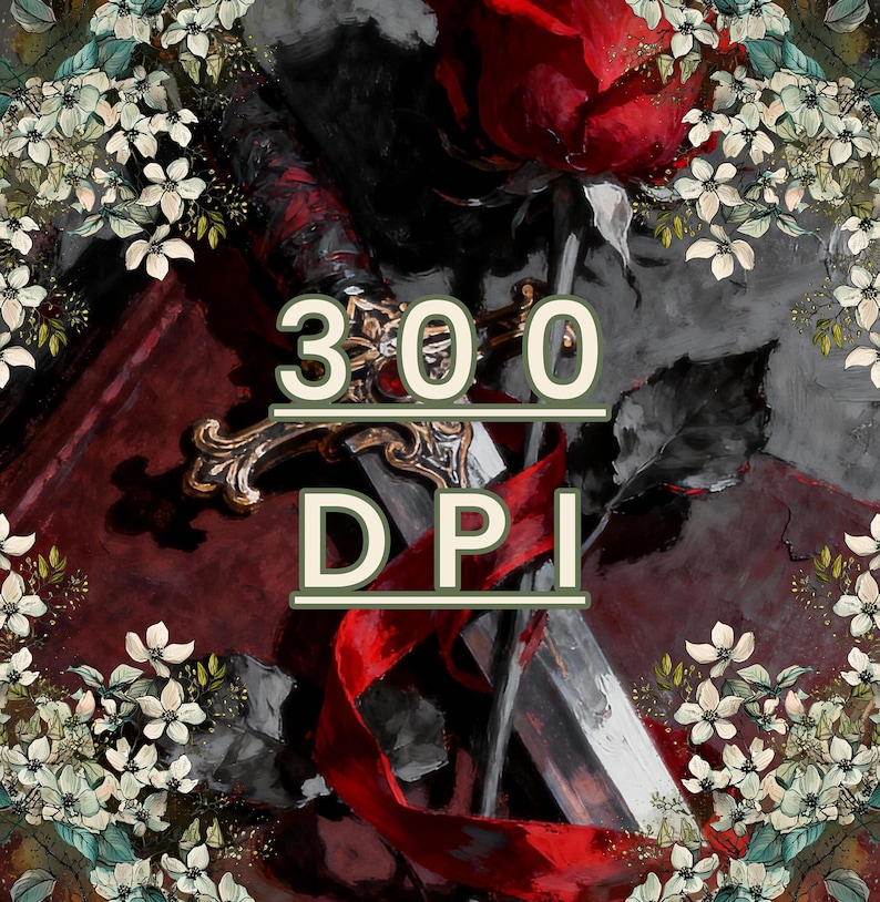 Puede incluir: Ilustraci&oacute;n digital art&iacute;stica con una espada, una rosa roja y flores blancas. La imagen tiene el texto "300 DPI" en una fuente verde claro. La paleta de colores incluye tonos de rojo, negro y gris.