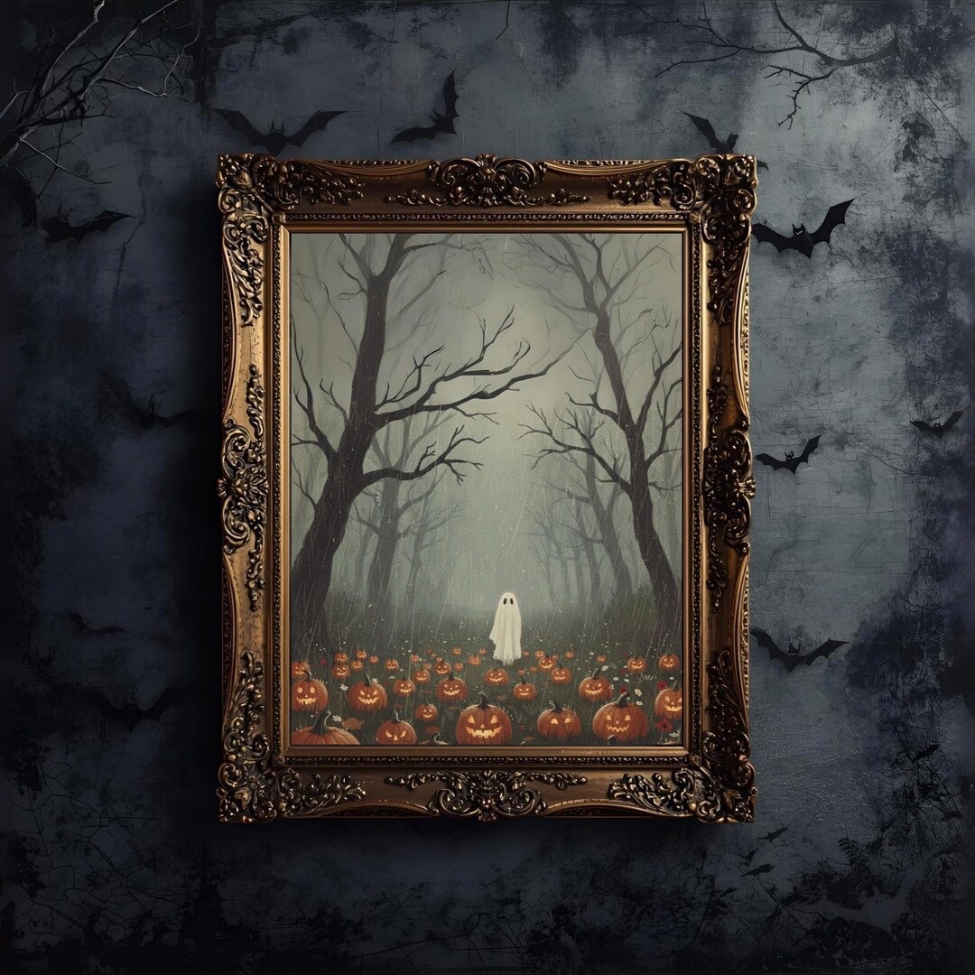 Vintage Ghost in Pumpkin Patch Print: Spooky Halloween Wall Art ...