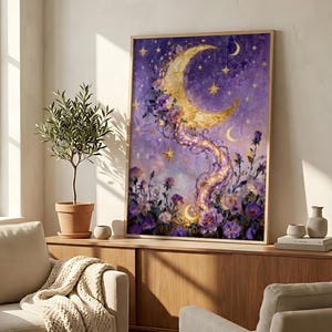 May include: A framed artwork featuring a crescent moon with a golden glow, adorned with purple flowers and stars against a purple and blue background. The artwork has a dreamy, celestial theme.