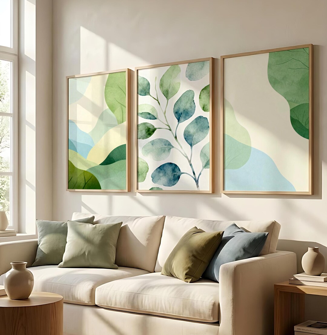 Boho Sage Green Wall Art Set of 3 | Watercolor Eucalyptus & Abstract ...