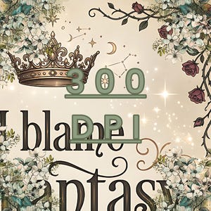May include: Digital artwork with a fantasy theme. The image includes a golden crown, floral details, and the text "300 DPI" and "I blame fantasy". The background is a soft beige with stars and celestial designs.
