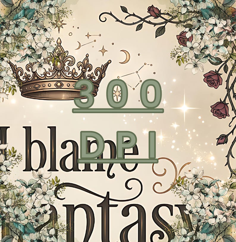 May include: Digital artwork with a fantasy theme. The image includes a golden crown, floral details, and the text "300 DPI" and "I blame fantasy". The background is a soft beige with stars and celestial designs.