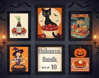 May include: A collection of framed Halloween-themed art prints. The prints feature illustrations of a black cat, pumpkins, candy, a witch, and a bottle labeled "Witch's Brew". The central print reads "Halloween Bundle Set of 10".