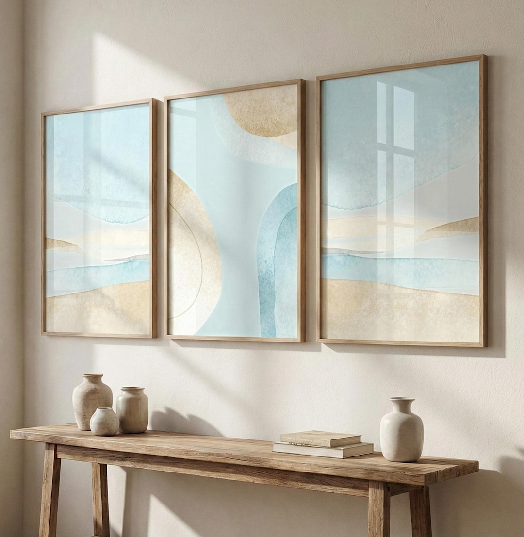 Abstract Coastal Wall Art Set of 3 | Blue and Beige Watercolor Prints ...