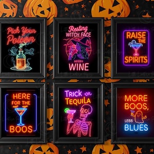 May include: Six framed Halloween-themed neon signs with black frames. The signs feature phrases like "Pick Your Poison," "Resting Witch Face Needs Wine," and "More Boos, Less Blues." The background is black with orange pumpkins and stars.
