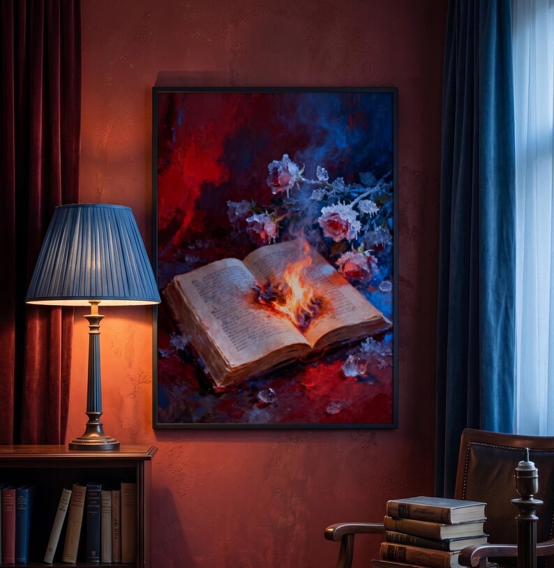 May include: A framed artwork depicts an open book with flames at its center, surrounded by roses and ice crystals against a red and blue background. A blue lamp with a pleated shade sits on a wooden table next to the artwork.