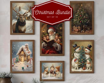 Conjunto de arte de parede natalina aconchegante e caprichosa, Papai Noel, renas, bonecos de neve e animais da floresta, pinturas a óleo com impressões natalinas, download digital