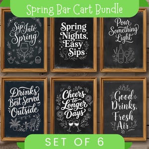 Spring Bar Cart Wall Art Set of 6 | Farmhouse Chalkboard Signs | Patio Decor | Wine Lover Gift | Outdoor Entertaining Print