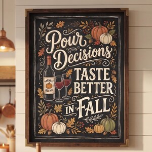 Può includere: Una targa da parete rettangolare con sfondo a lavagna scura e cornice in legno. Il testo recita Pour Decisions TASTE BETTER IN FALL. Le illustrazioni includono una bottiglia di vino con etichetta Harvest Blend, due calici e varie zucche.