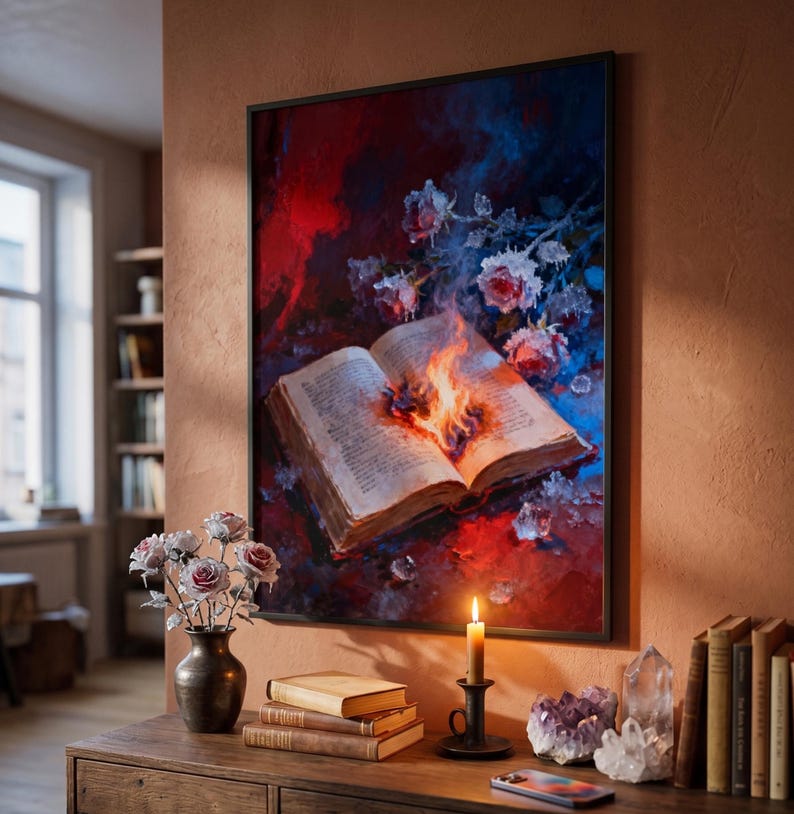 May include: A framed artwork depicts an open book engulfed in flames, surrounded by roses and ice crystals. The color palette includes red, blue, and white. A lit candle and a vase of roses sit on a wooden table in front of the artwork.