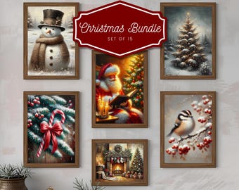 Conjunto de arte de parede rústica vintage de Natal, pintura a óleo tradicional, Papai Noel, renas, bonecos de neve e decoração aconchegante para o feriado, download digital
