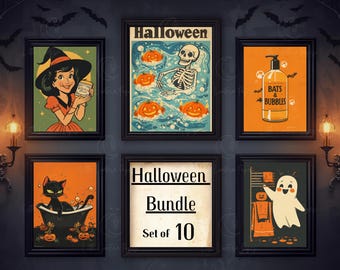 May include: A collection of six framed Halloween-themed art prints. The prints feature vintage-style illustrations of a witch, skeleton, pumpkins, a black cat, a ghost, and a bottle of soap. The central print reads "Halloween Bundle Set of 10."