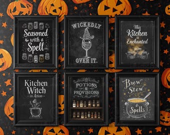 Conjunto de arte de parede para cozinha de Halloween com bruxas, impressões assustadoras para cozinha de bruxas, poção, caldeirão, culinária encantada, download digital