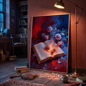 May include: A framed artwork depicts an open book with flames at its center, set against a backdrop of red and blue hues. White roses and ice crystals surround the book. The scene is illuminated by a floor lamp, with books and a magnifying glass on the wooden floor.