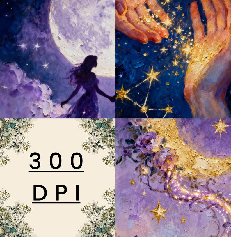 May include: A digital art print featuring a celestial theme. The artwork includes a silhouette of a person, a full moon, stars, and hands reaching out. The text "300 DPI" is also present. The color palette includes shades of purple, blue, and gold.
