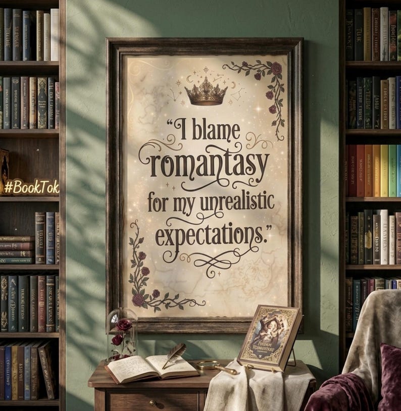 May include: A framed print with the quote "I blame romantasy for my unrealistic expectations." The print features a crown and floral accents. The image is set in a room with bookshelves, a table with a book, and a glass dome with roses.