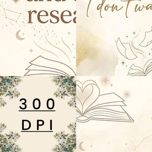 Pu&ograve; includere: Una stampa d'arte digitale con sfondo crema con elementi celesti e floreali. La stampa include libri aperti, stelle e il testo "and research" in marrone. L'angolo in basso a sinistra mostra "300 DPI".