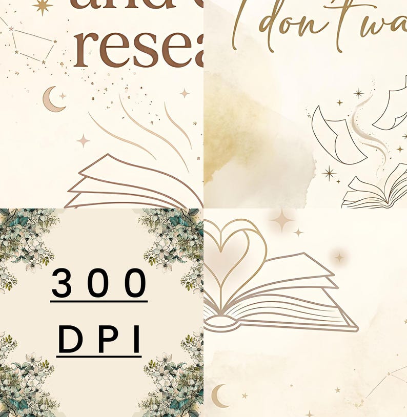 Pu&ograve; includere: Una stampa d'arte digitale con sfondo crema con elementi celesti e floreali. La stampa include libri aperti, stelle e il testo "and research" in marrone. L'angolo in basso a sinistra mostra "300 DPI".