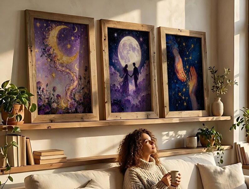 May include: Three framed art prints with celestial themes. One features a crescent moon with floral accents, another a couple under a full moon, and the third, hands reaching towards each other against a starry background. The frames are made of light-colored wood.